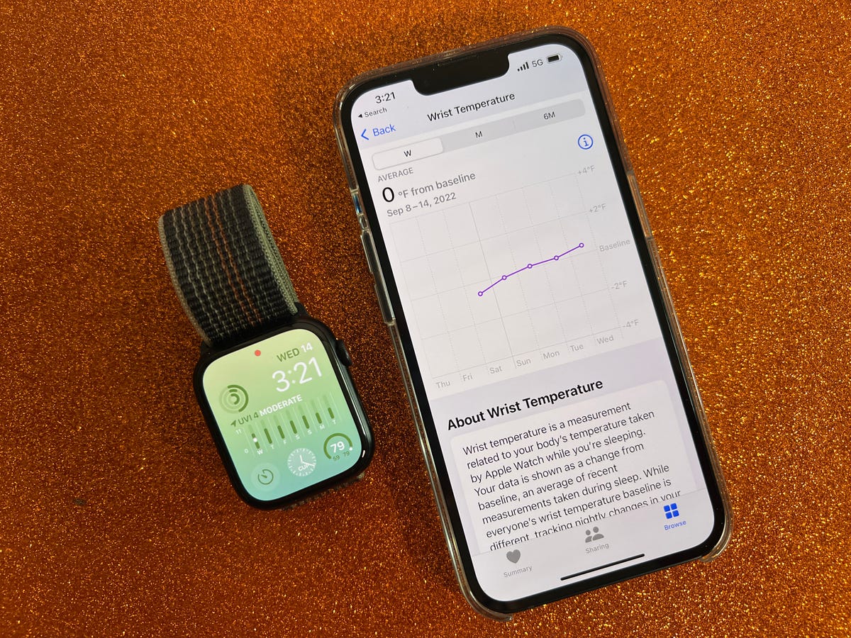 Apple Watch Series 8 and iPhone with Health app showing temperature readings