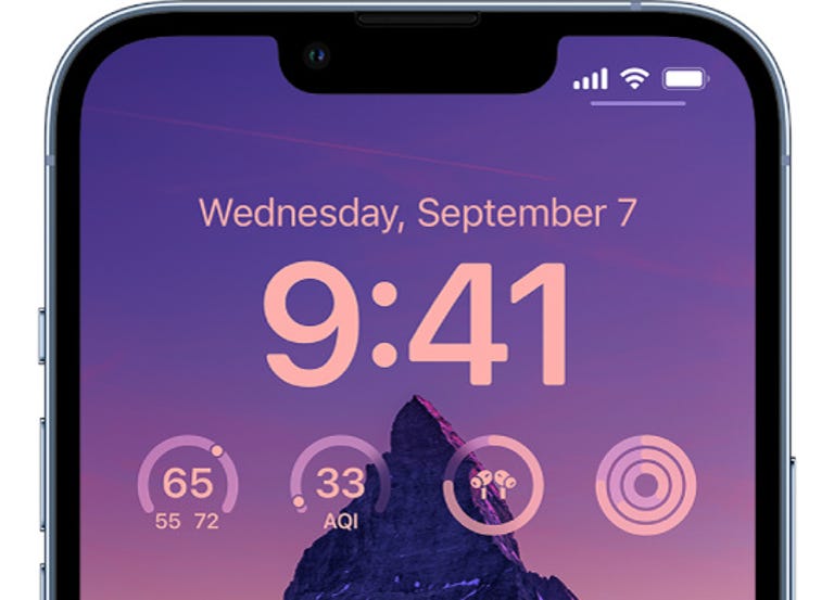 iPhone lock screen with temperature widget, AQI, Air Pods and activity rings