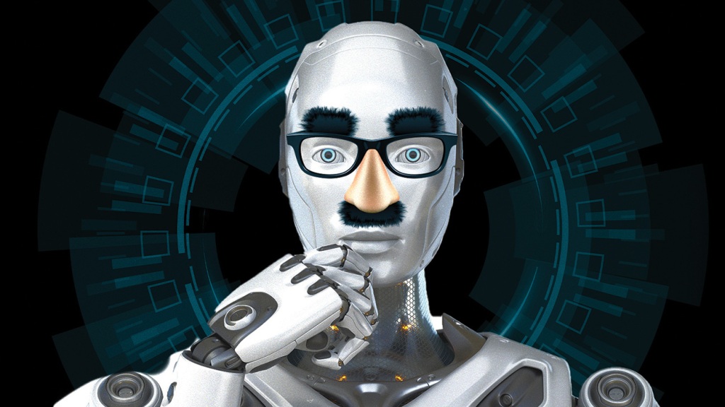 a robot with glasses and a Groucho Marx-style nose
