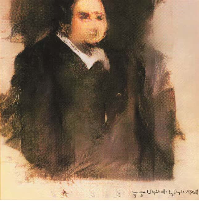 Edmond de Bellamy's portrait was produced by a contradictory generative network fed by a dataset of 15,000 portraits spanning six centuries.