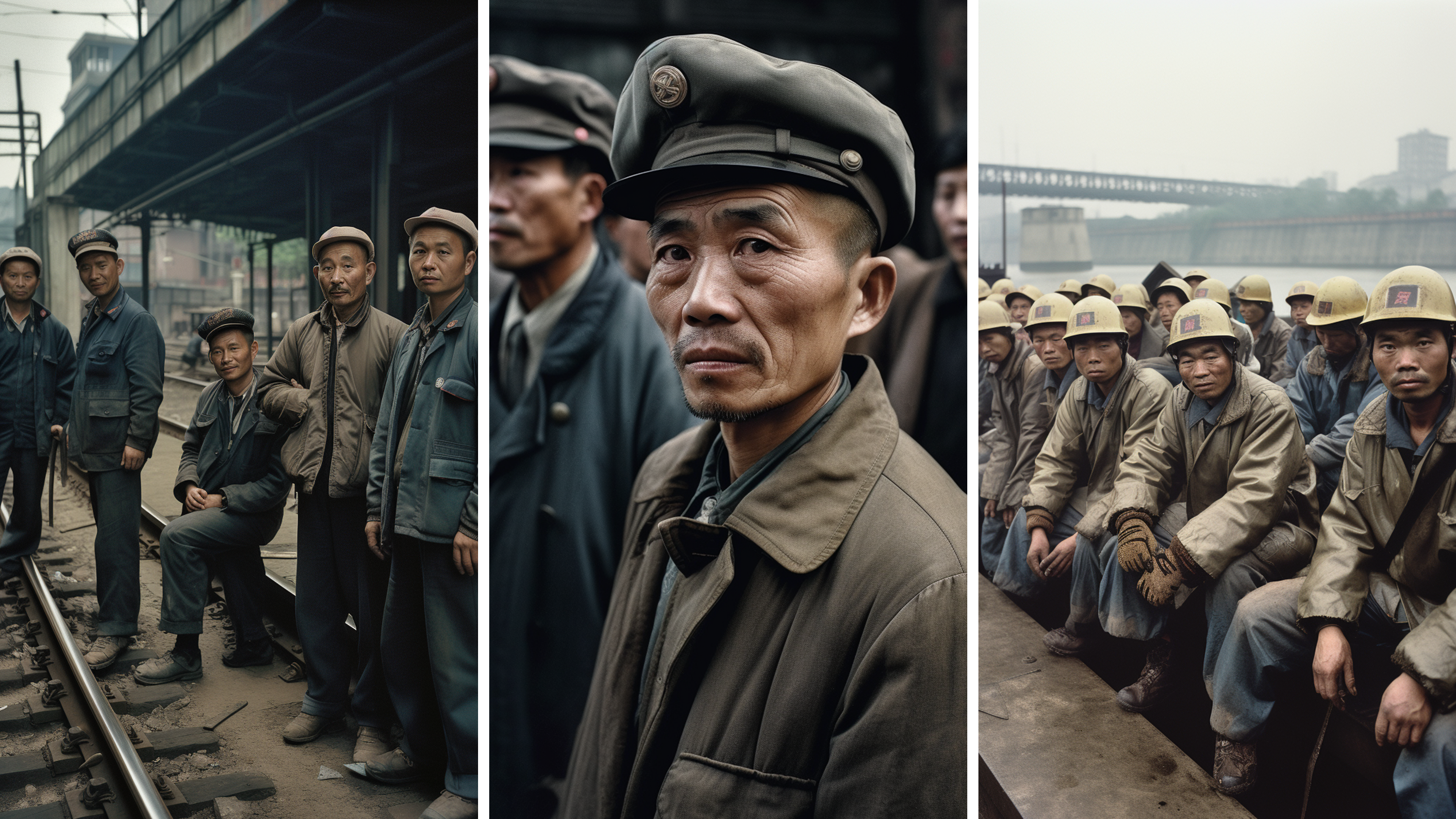 Three AI-generated images depicting workers in China in a retro photography style